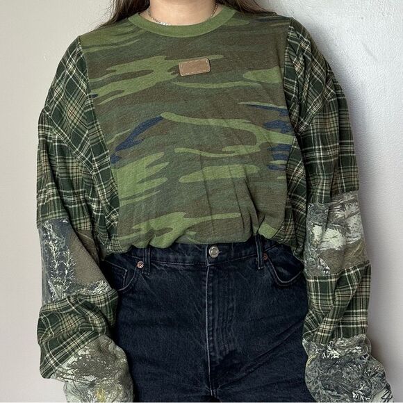 Reworked Upcycled Wrangler Camo Long Sleeve Shirt Relaxed baggy loose fit Shirt - Picture 3 of 4